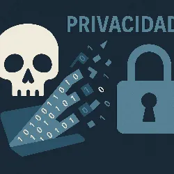 Una calavera blanca que simboliza el peligro o la muerte de la privacidad, datos binarios que se desintegran y un candado azul que representa la protección fallida. El fondo oscuro resalta el contraste entre la seguridad y la vulnerabilidad de la información digital. Ideal como ilustración de cabecera para el artículo sobre Facebook y la pérdida de privacidad.